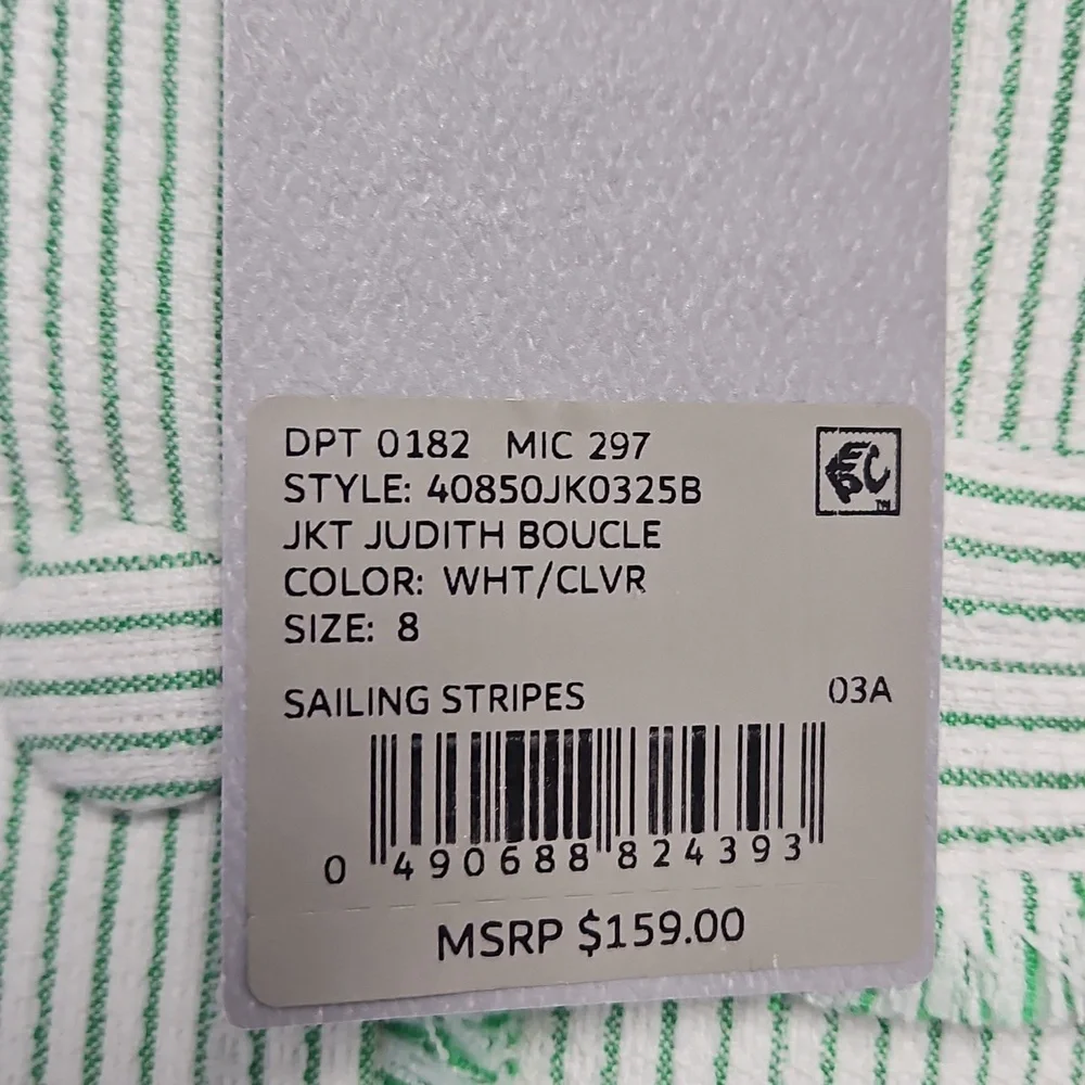 Preston & York Judith Boucle Tweed Round Neck Jacket: Green/White Stripe:Size- 8